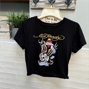 Ed Hardy Skull Snake Graphic Cropped Baby Tee Black Y2K Tattoo Size L